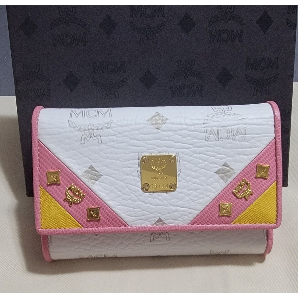 MCM Visetos Trifold Wallet White Pink Yellow Studded Monogram Leather NWOT